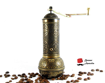 turkish coffee grinder manual steel mechanism handmade antique gold