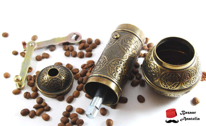 turkish coffee grinder manual steel mechanism handmade antique gold