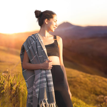 Stripe Turkish Beach & Peshtemal Towel - Black