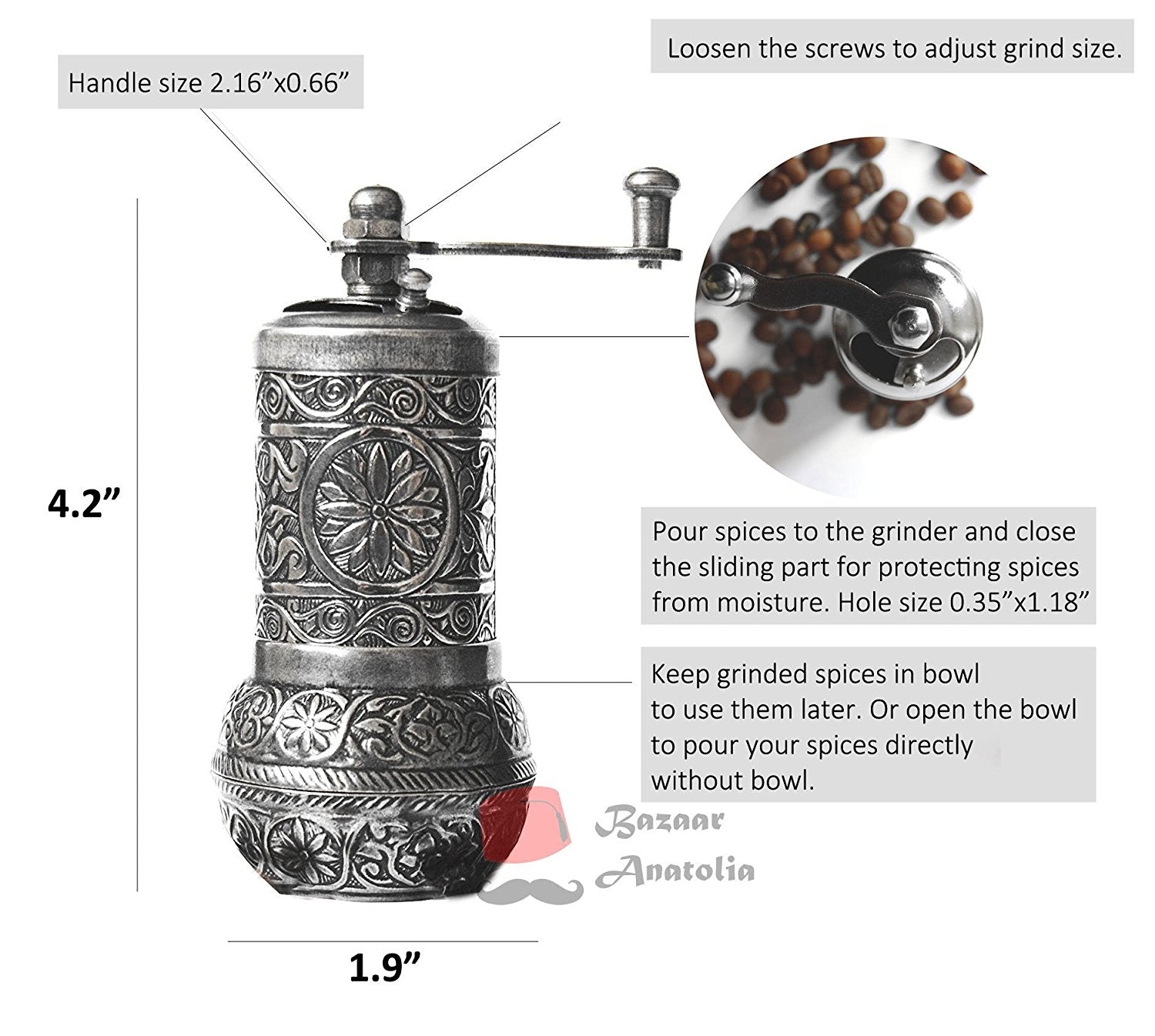 Pepper Grinder, Refillable Turkish Spice Mill With Adjustable Handle,  Decorative Pepper Mill 4inches 